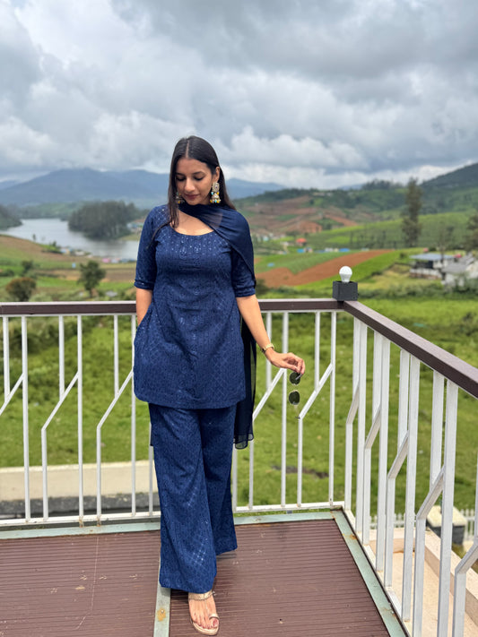 #MBA2037 Sequin embroidery ethnic co-ord set- Dark Blue