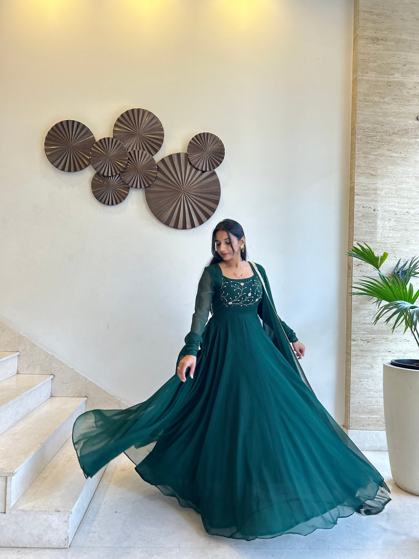 #MBA1648 Bottle green yoke hand embroidered anarkali and dupatta