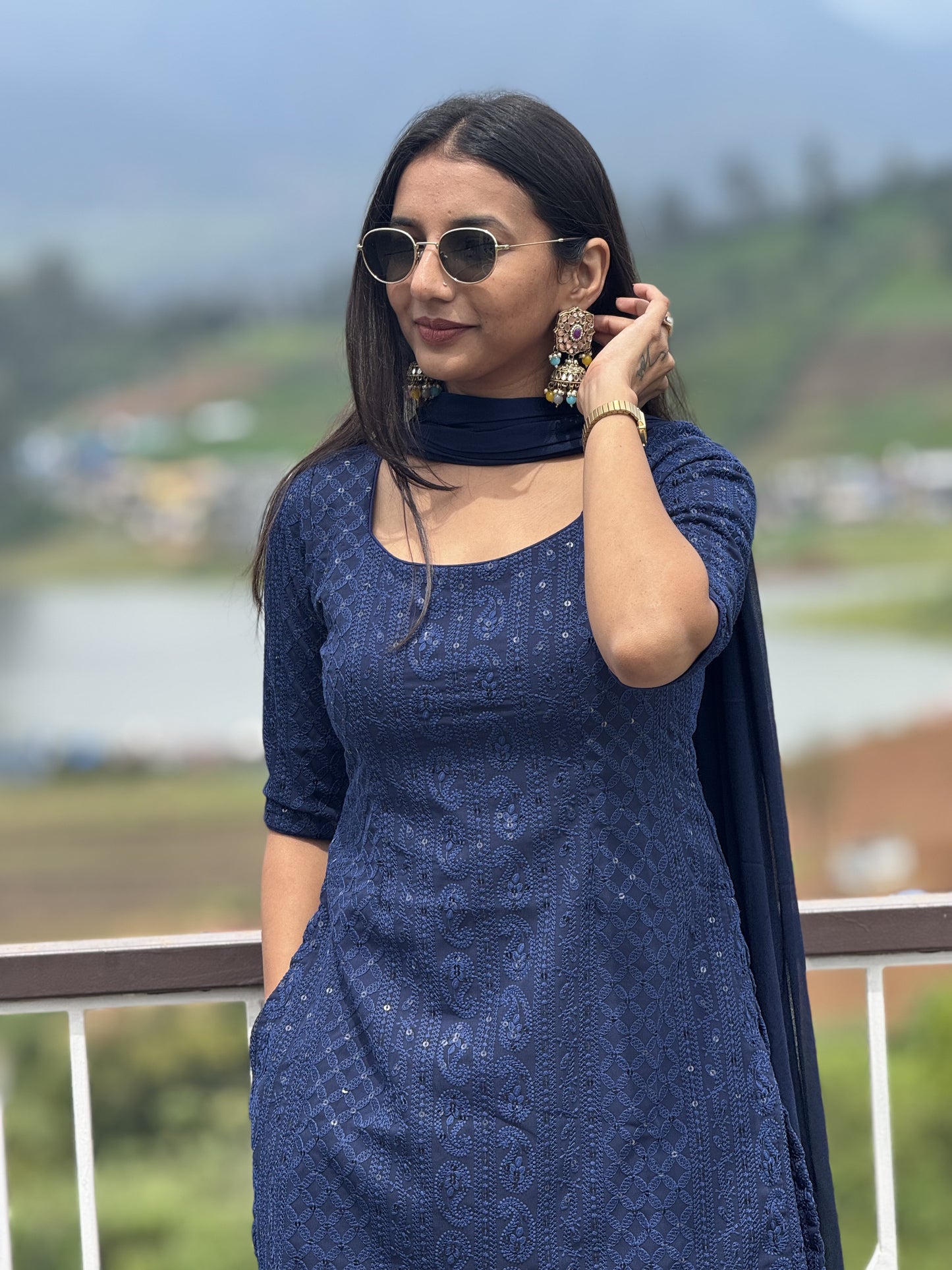 #MBA2037 Sequin embroidery ethnic co-ord set- Dark Blue