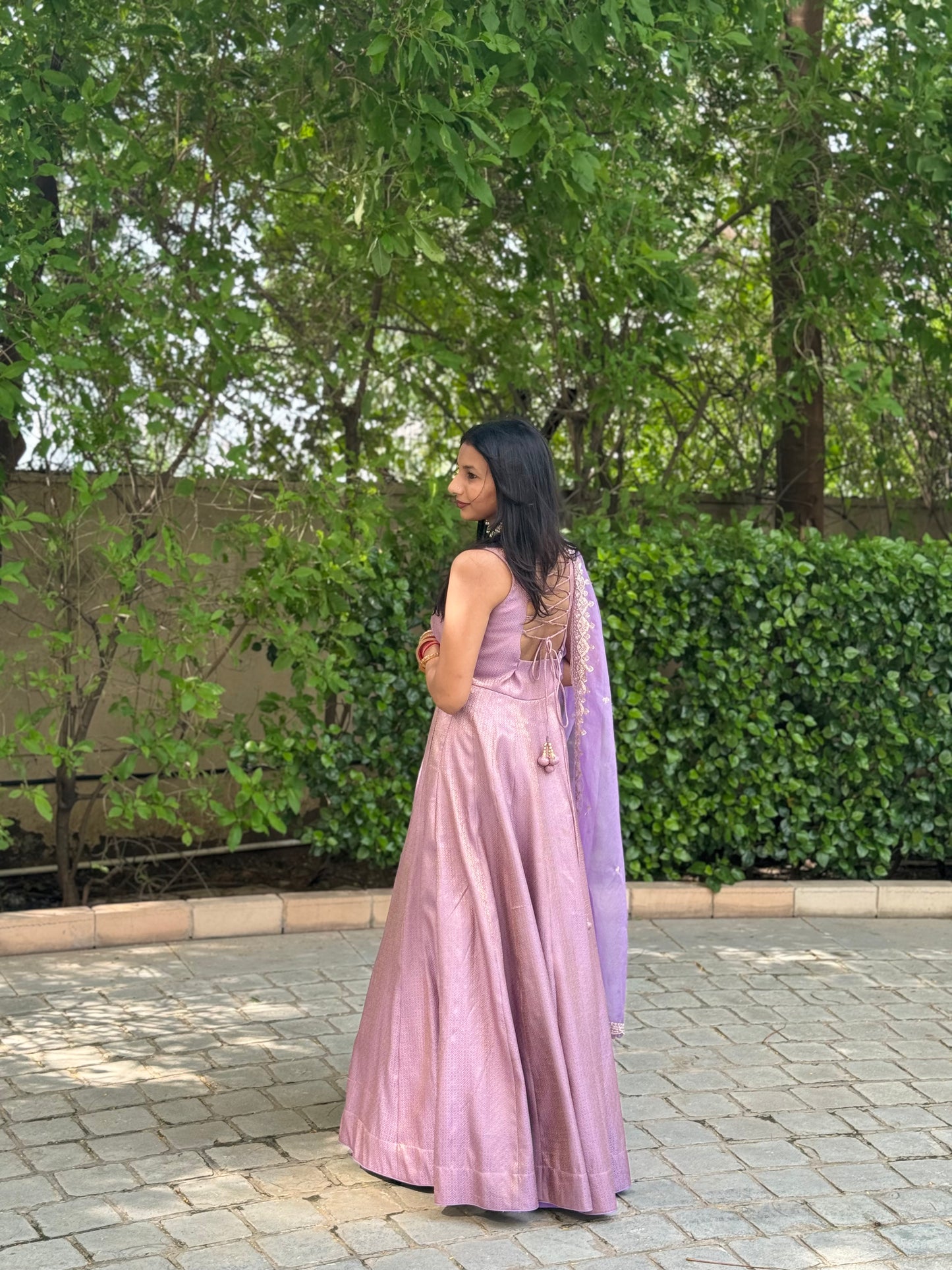 #MBA1685 Pure brocade silk anarkali with organza dupatta-Lavender