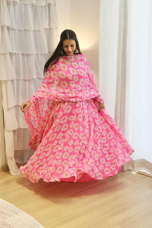 #MBA1947 Pink daisy anarkali and dupatta