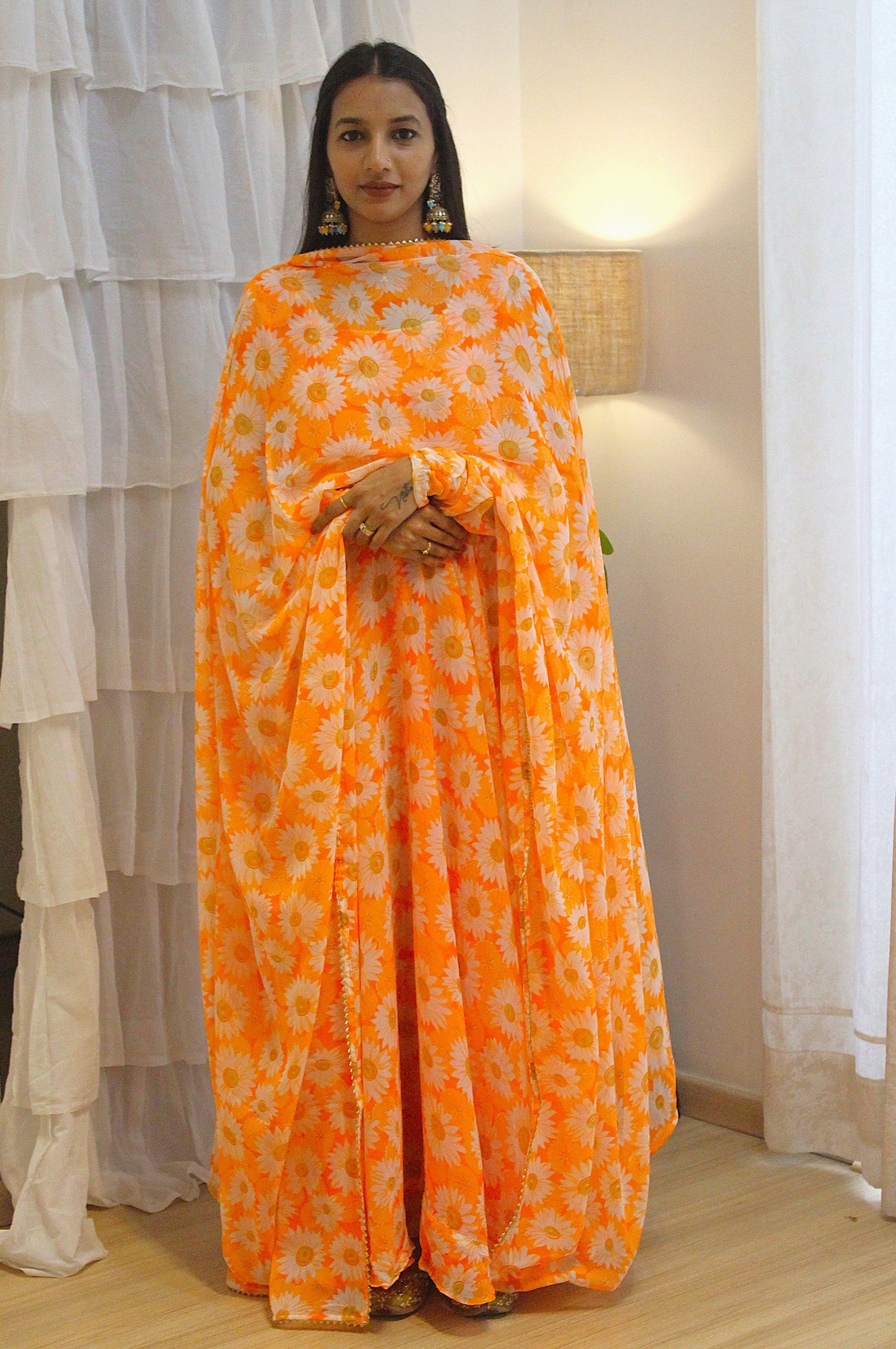 #MBA1940 Orange daisy anarkali and dupatta