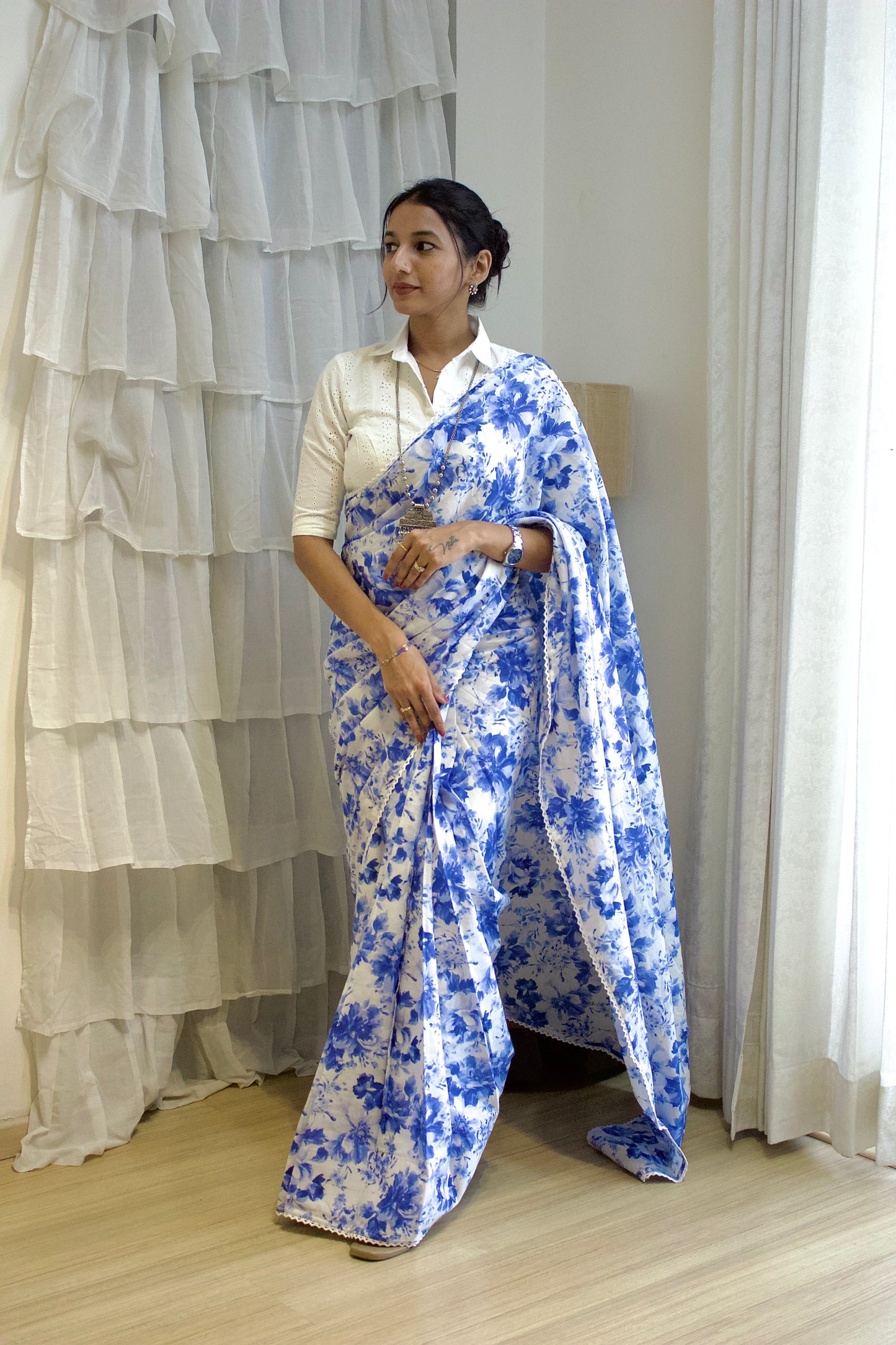 #MBA1949 Blue 1 min mul saree with hakoba blouse