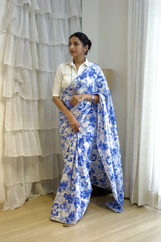 #MBA1949 Blue 1 min mul saree with hakoba blouse