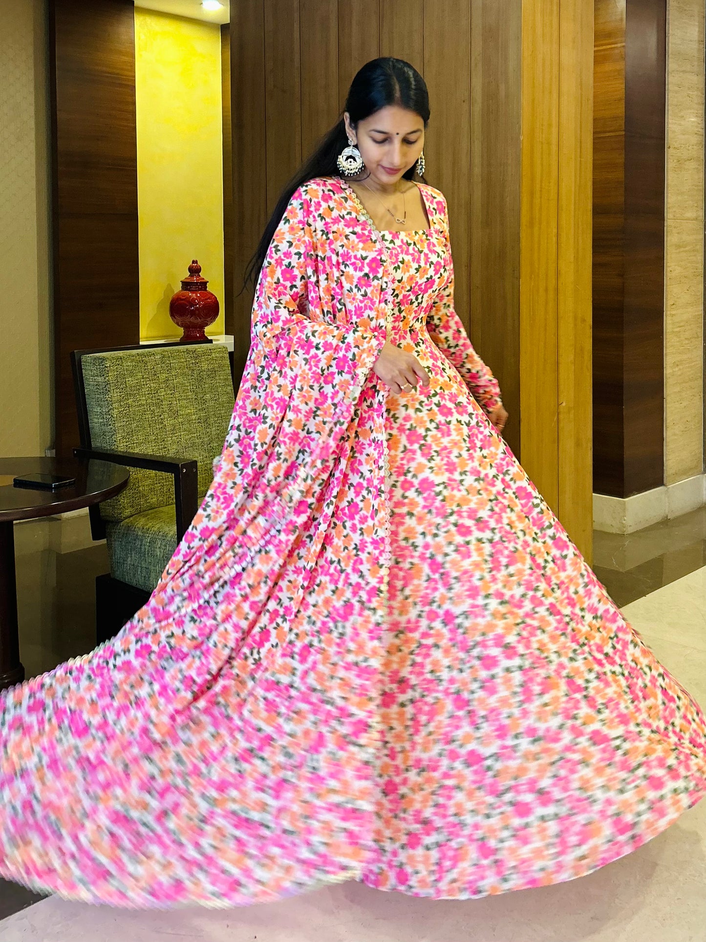 #MBA1661 Bageecha pink floral anarkali and dupatta