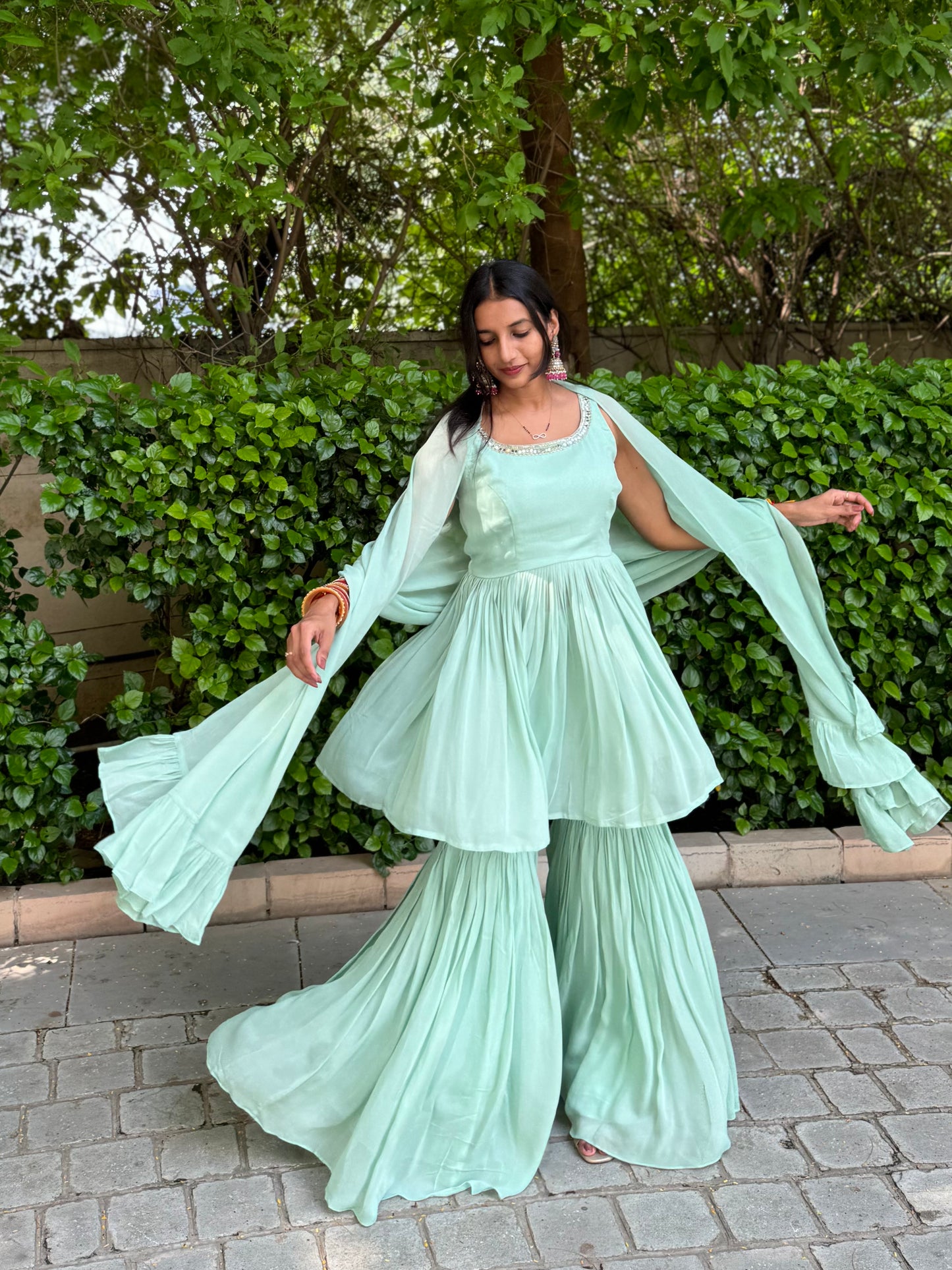 #MBA2006 Pure georgette gharara set- Pistachio