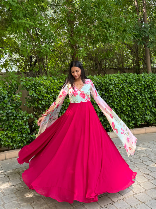 #MBA1698 Floral Cape sleeve gown -Pink
