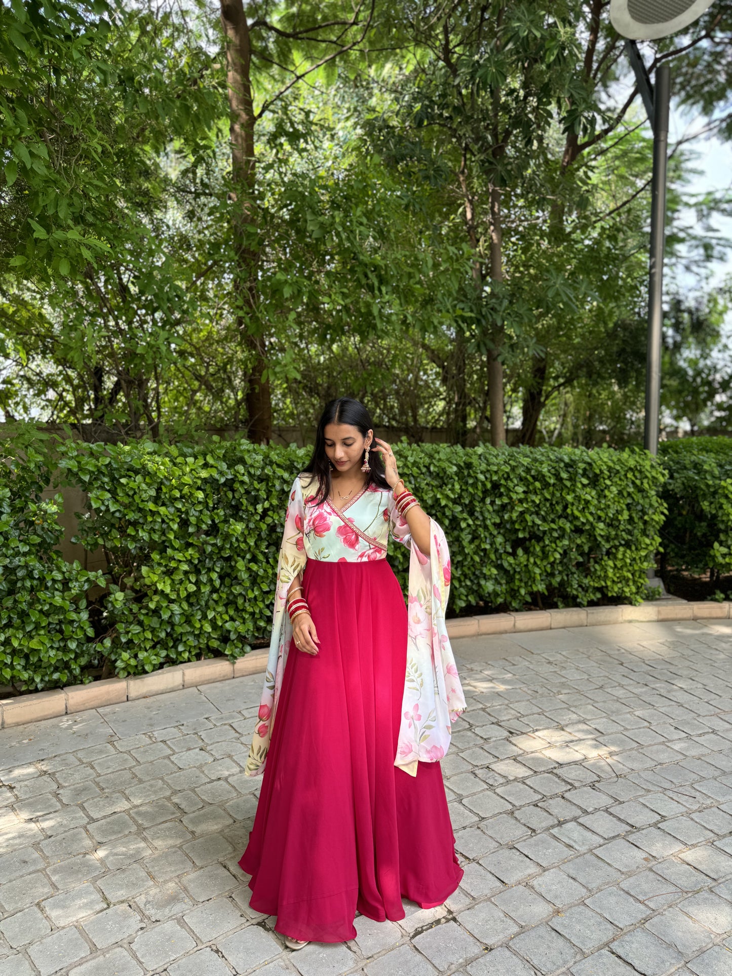 #MBA1698 Floral Cape sleeve gown -Pink