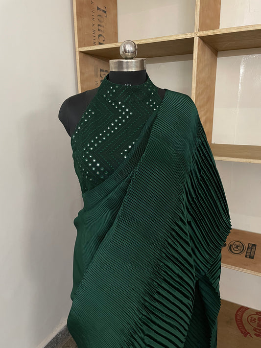 #MBA1988 Bottle green satin pleated 1 min saree and blouse