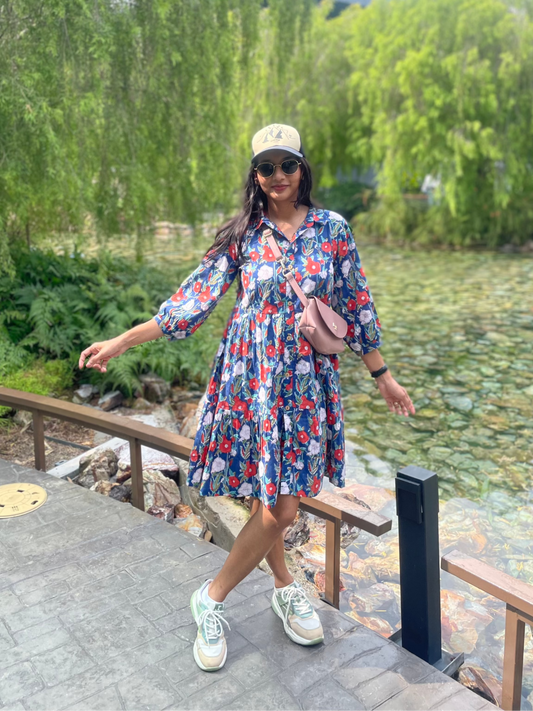 #MBA1896 Blue floral handblock dress