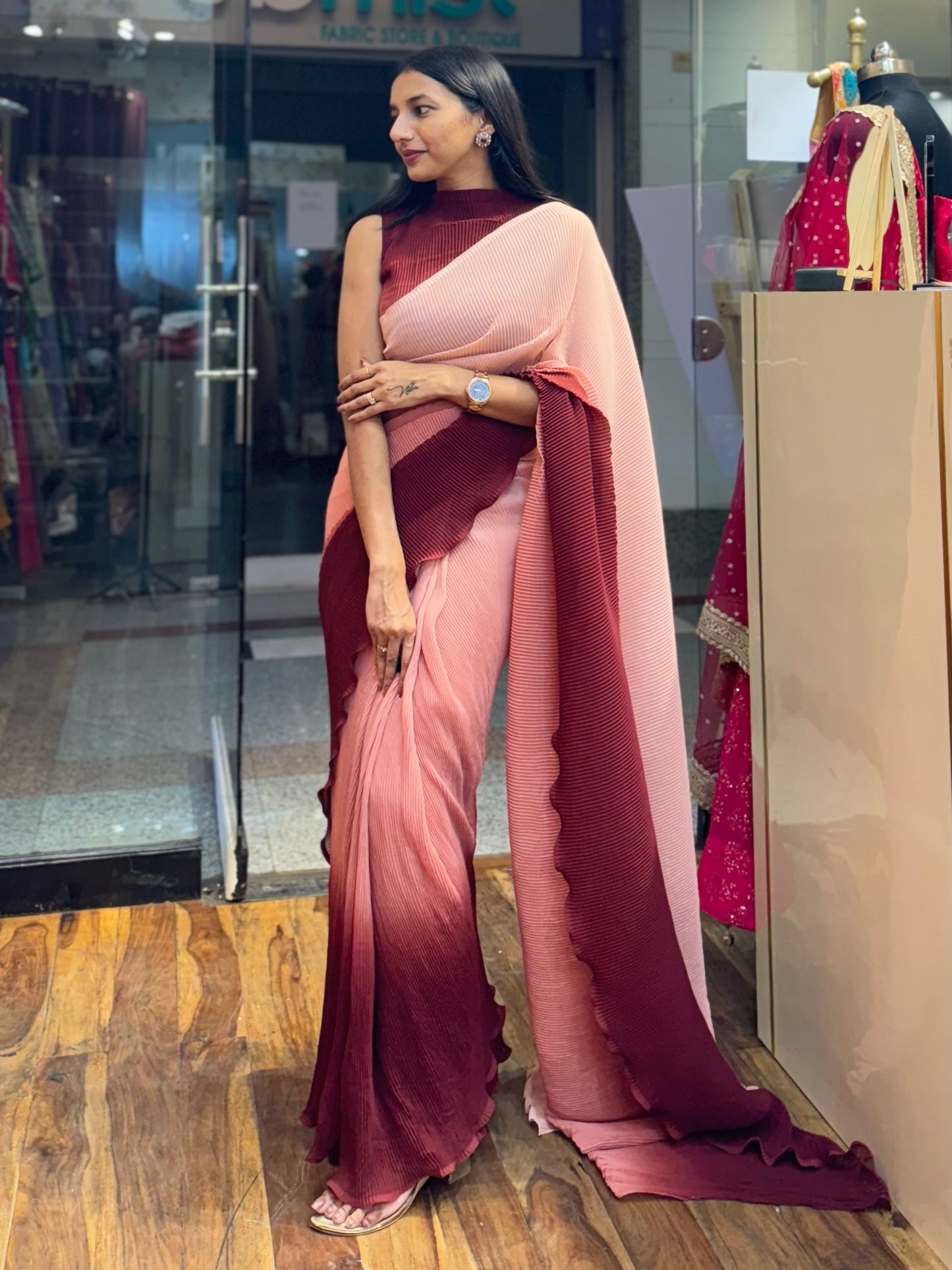 #MBA1979 Chocolate ombre pleated 1 min saree and blouse