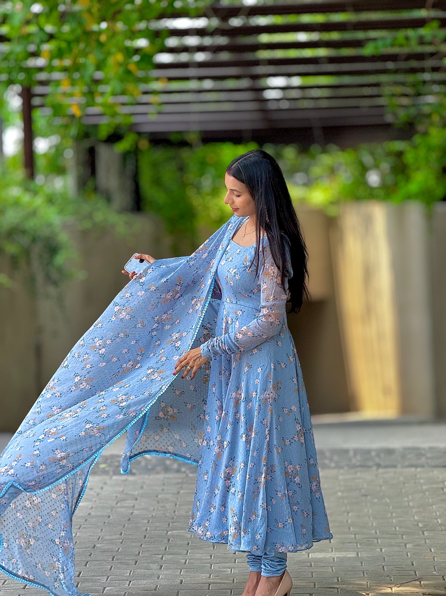 #MBA1954 Powder blue floral anarkali and dupatta
