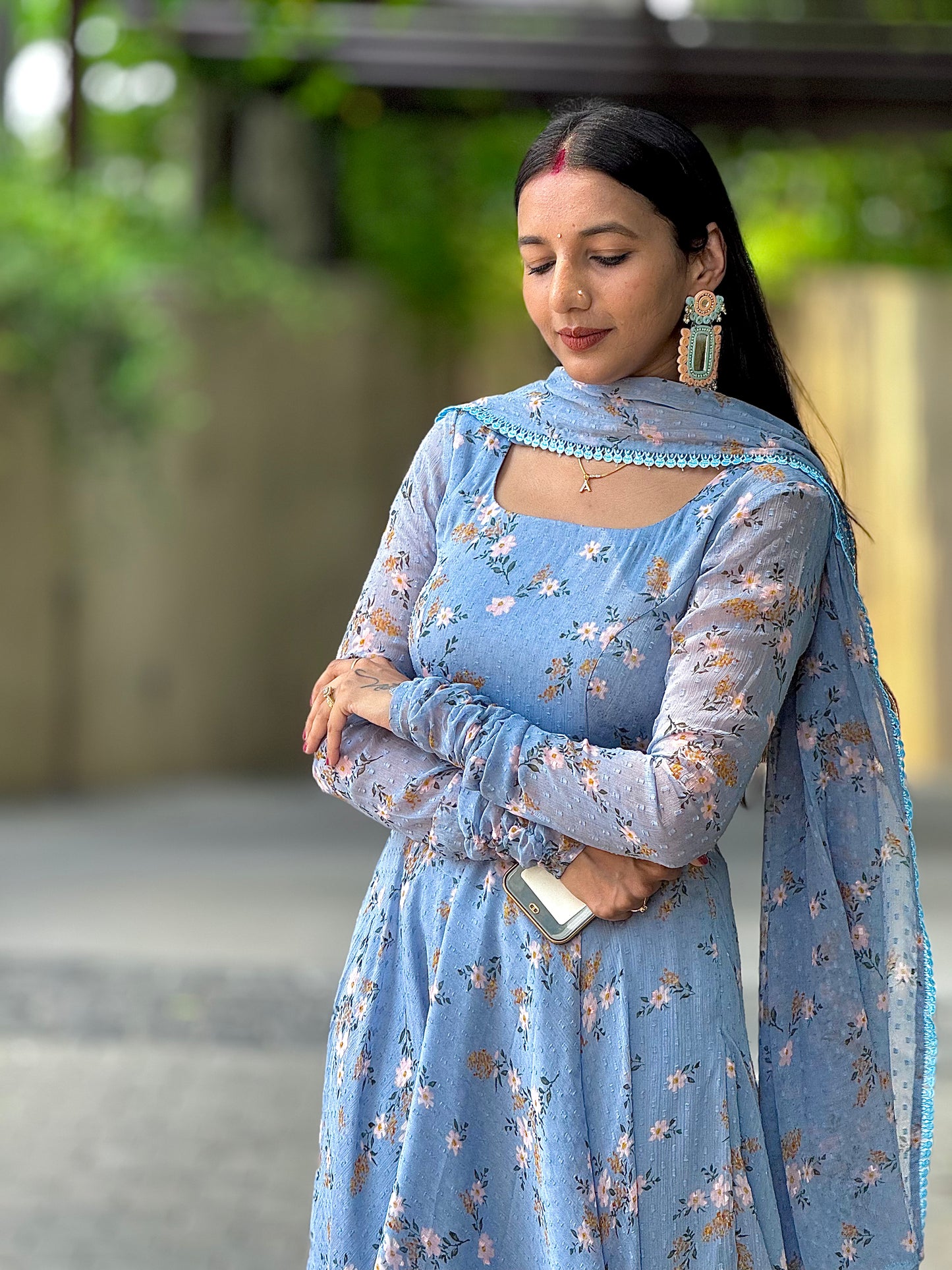 #MBA1954 Powder blue floral anarkali and dupatta