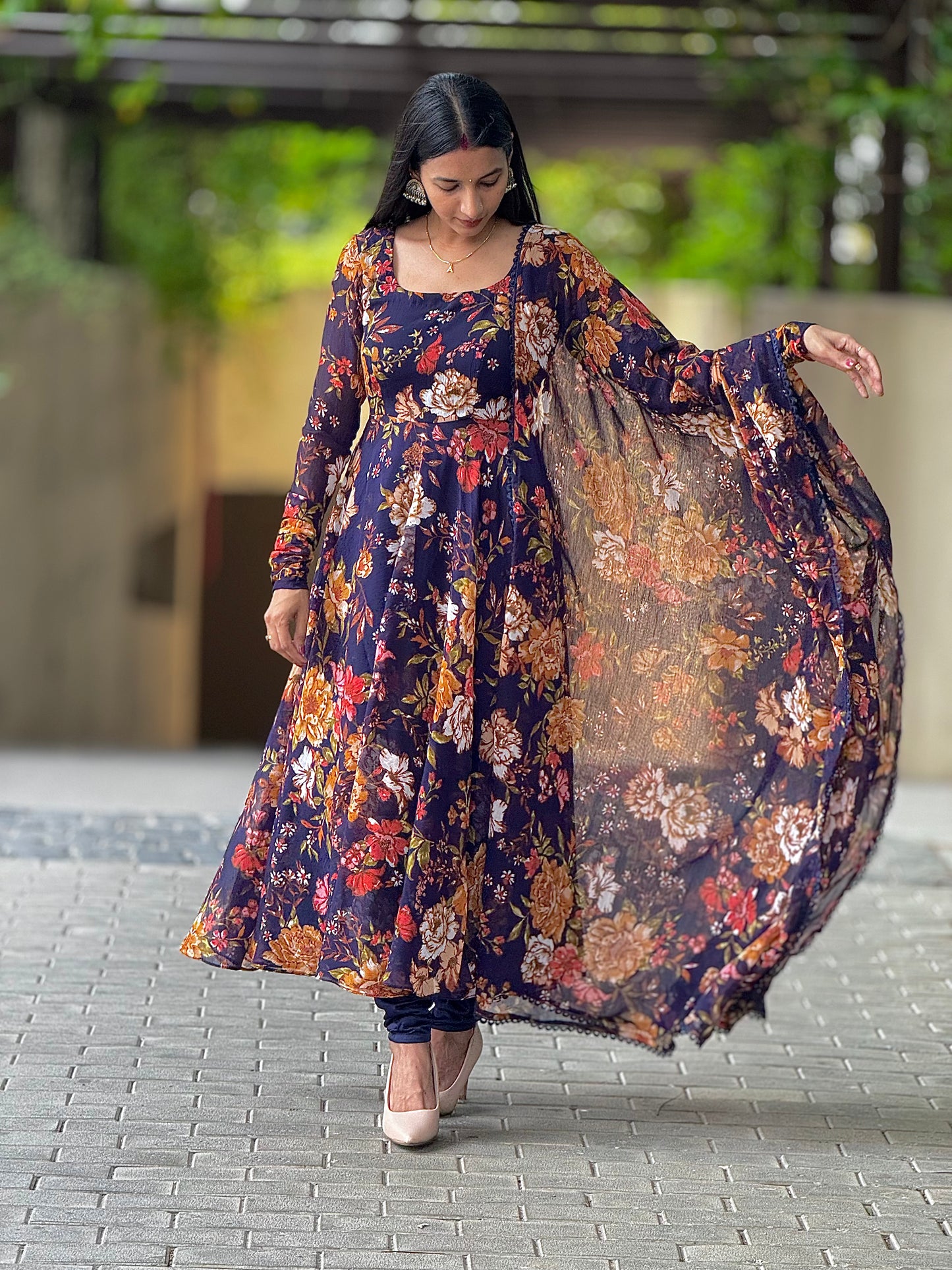 #MBA1955 Violet floral anarkali and dupatta