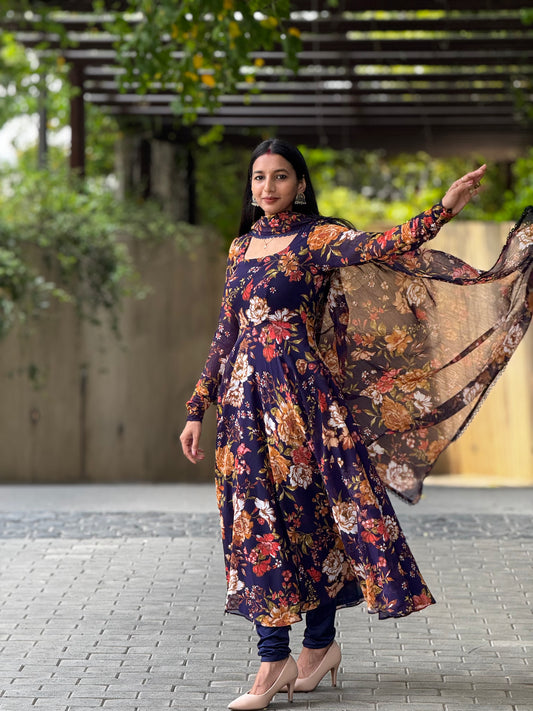 #MBA1955 Violet floral anarkali and dupatta