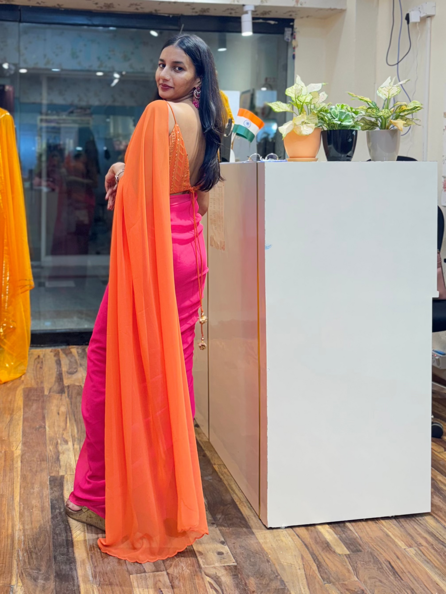 #MBA1729 Bollywood saree- Orange pink