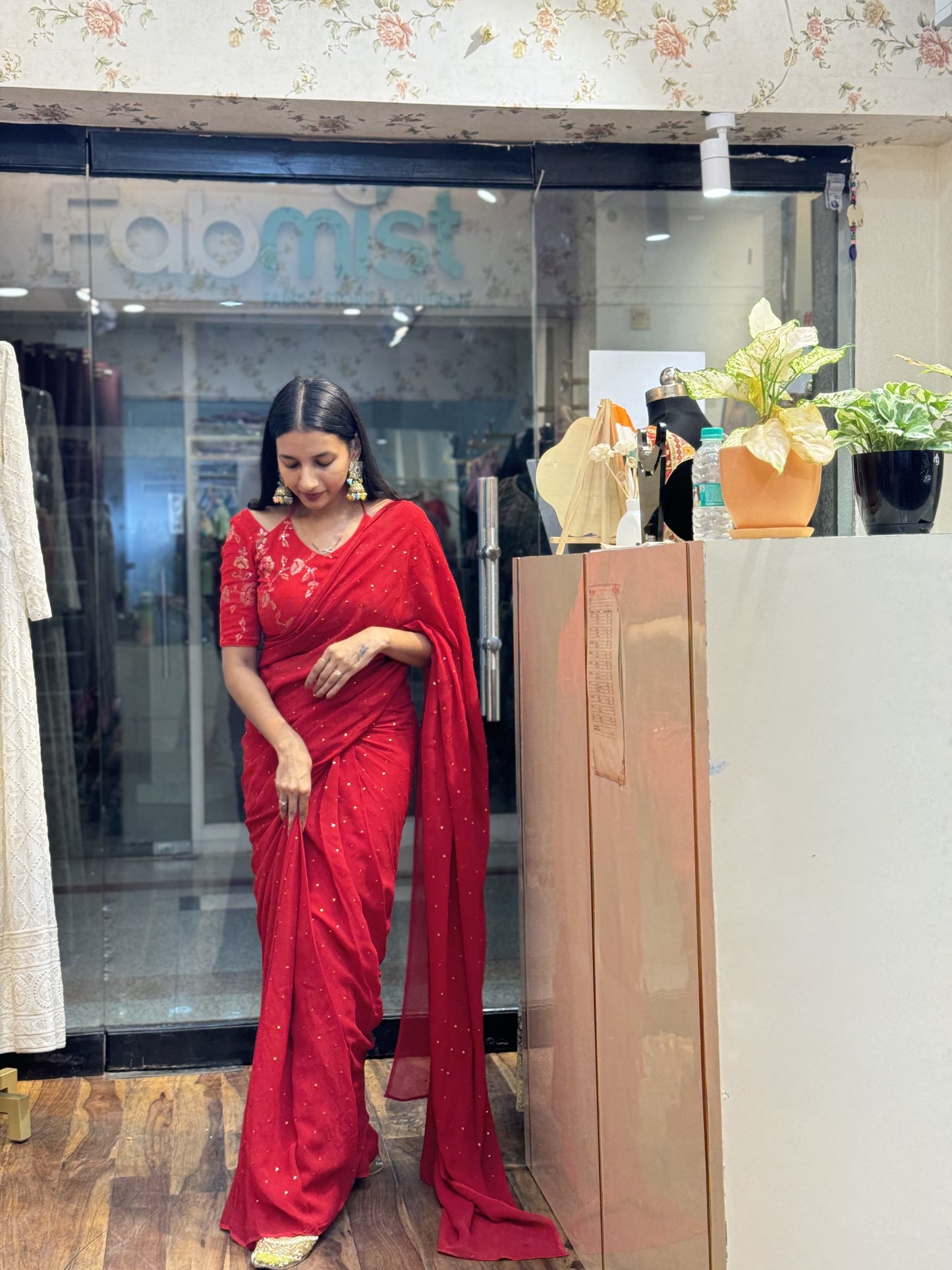 #MBA2034 Red Pure georgette 1 min saree and heavy embroidered blouse