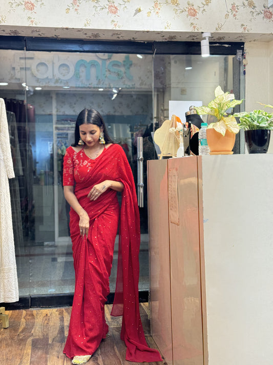 #MBA2034 Red Pure georgette 1 min saree and heavy embroidered blouse
