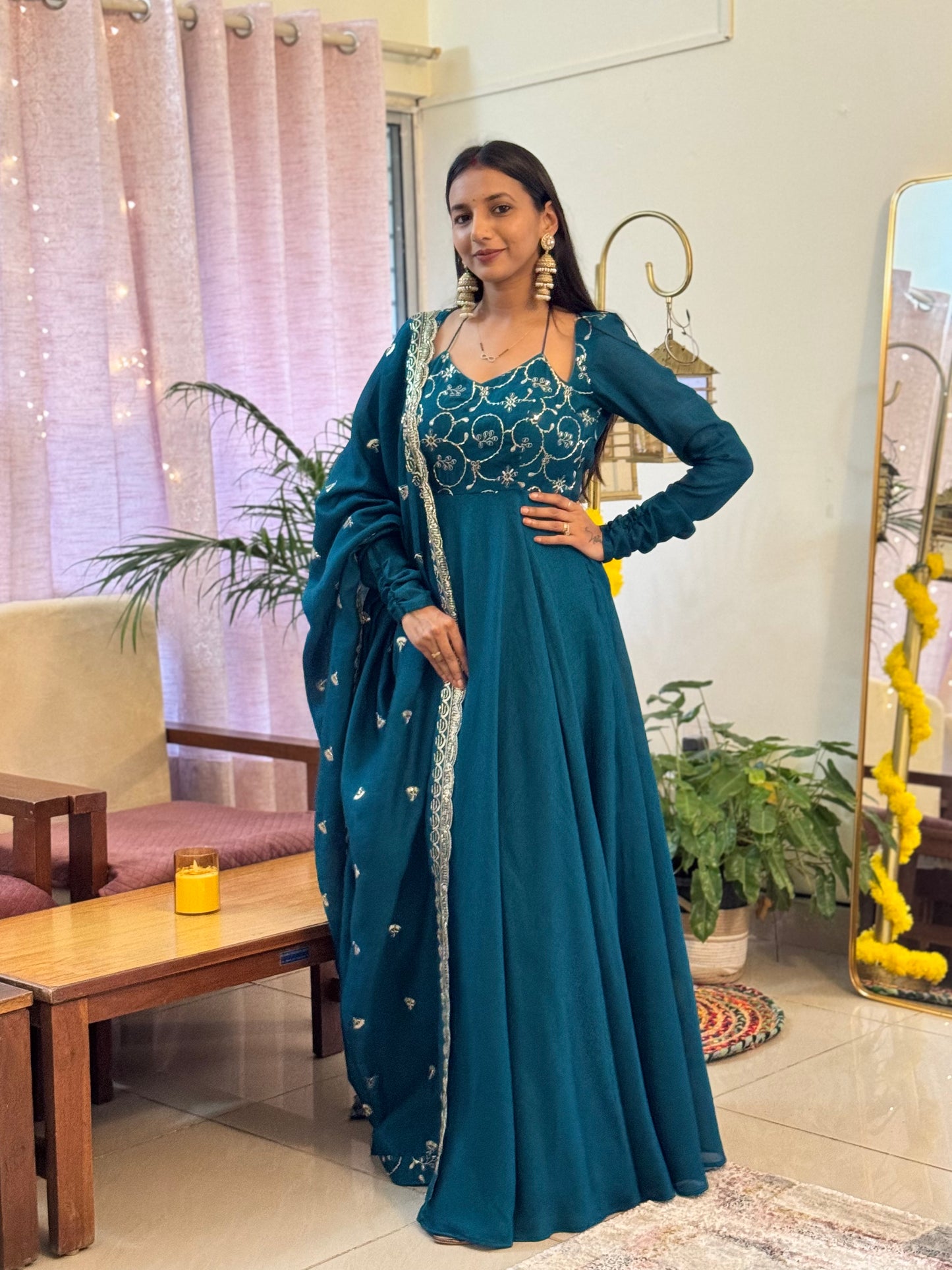 #MBA2056 Advika anarkali and dupatta- Peacock blue