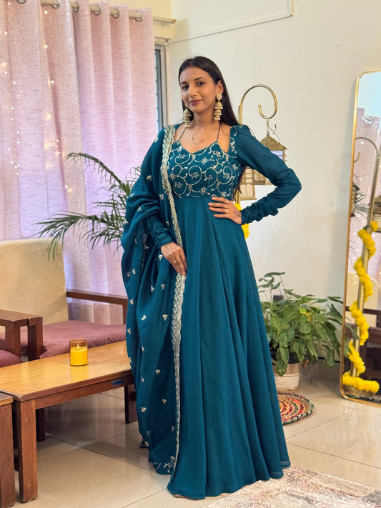 #MBA2056 Advika anarkali and dupatta- Peacock blue