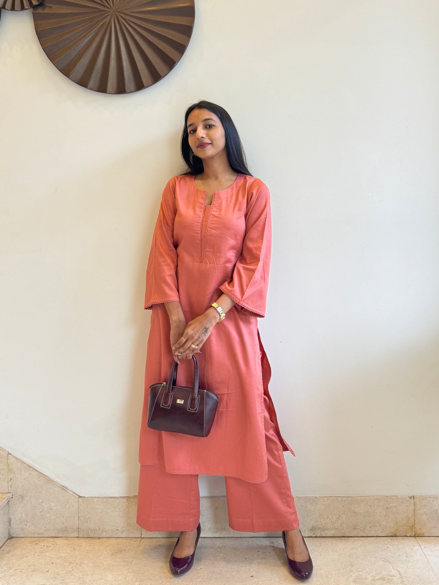 #MBA1803 Rozana Kurta pant set- Coral Peach