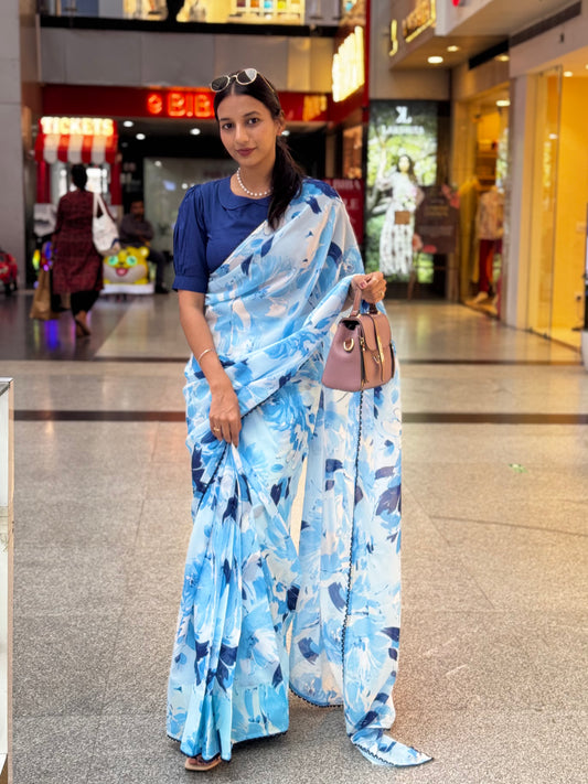 #MBA1969 Maya blue floral 1 min saree and blouse