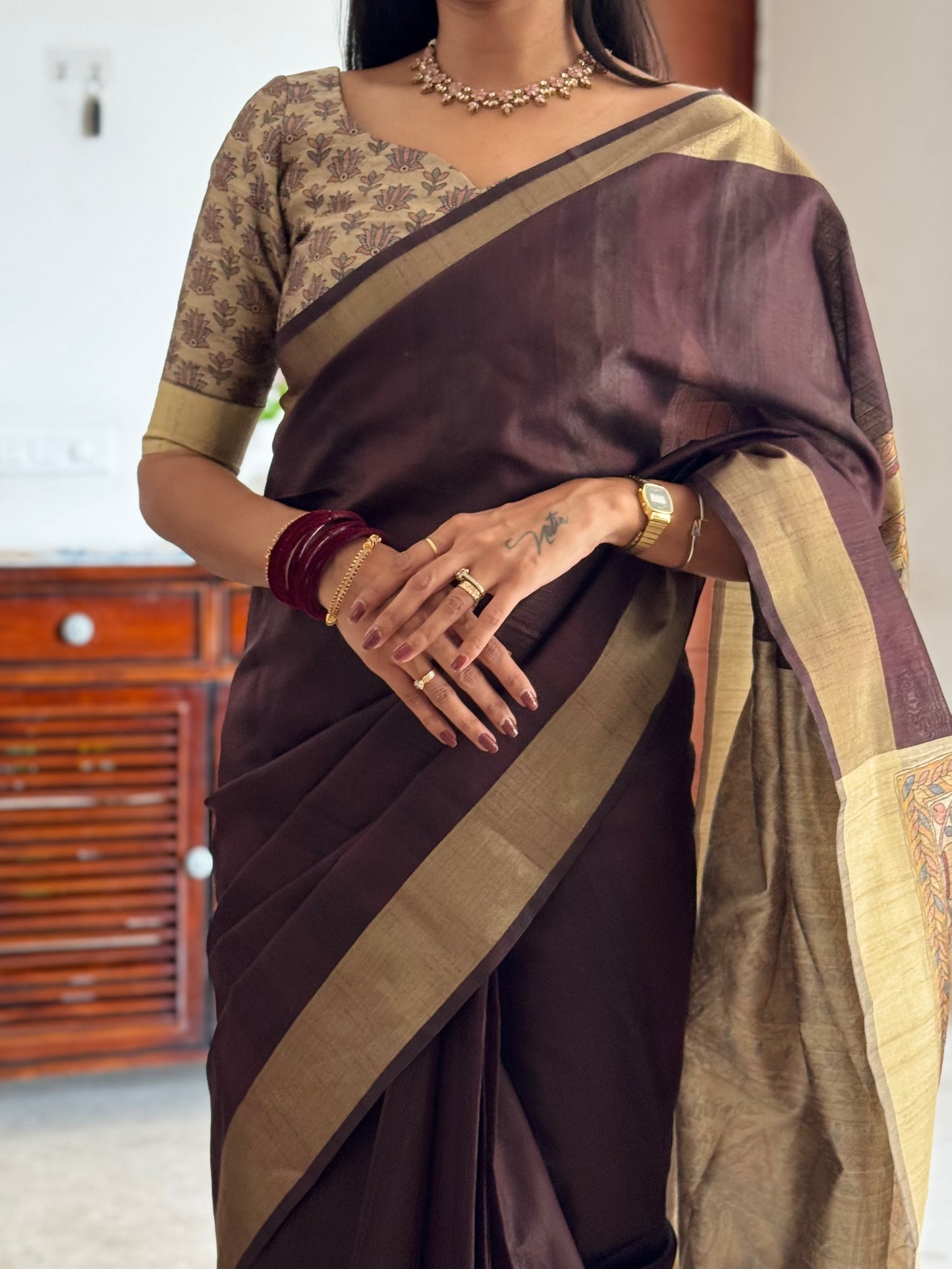 #MBA1977 Madhubani Silk 1 min saree and stitched blouse - brown wine