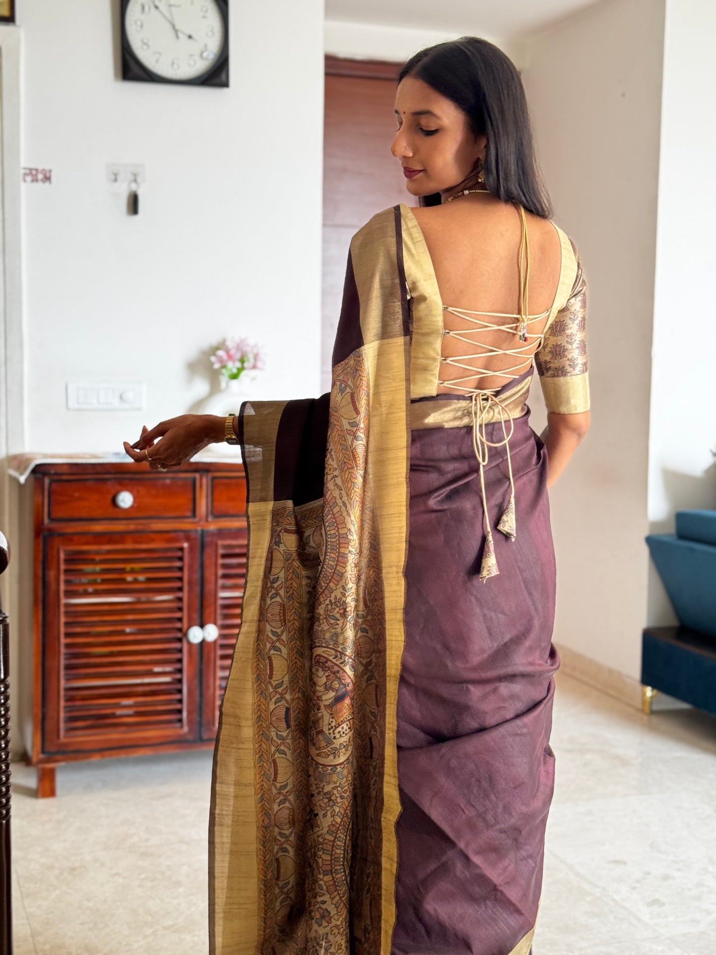 #MBA1977 Madhubani Silk 1 min saree and stitched blouse - brown wine