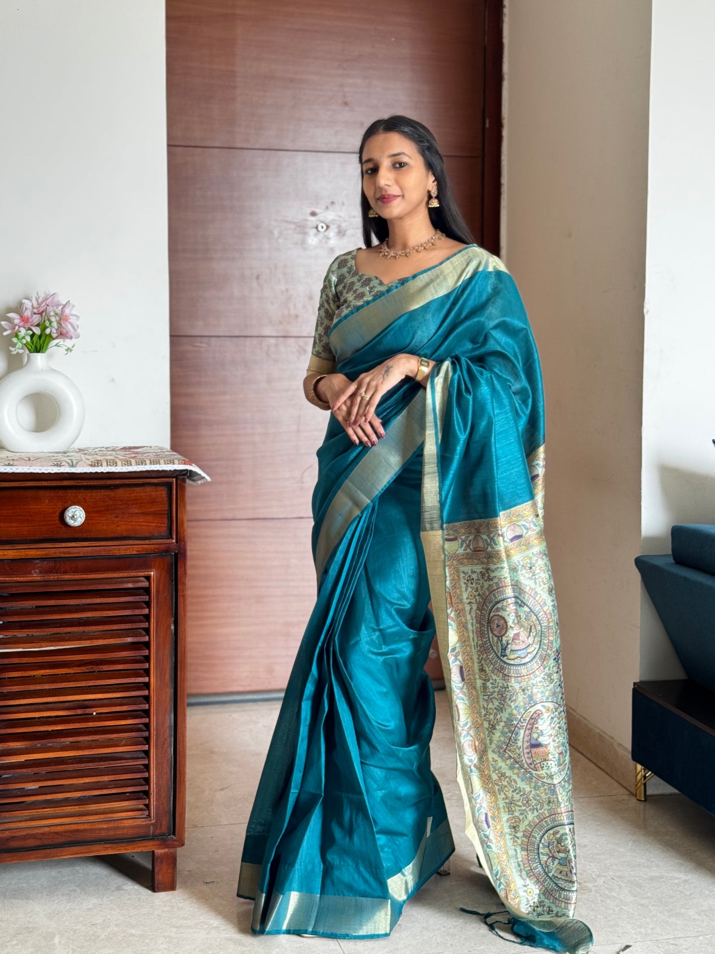 #MBA1971 Madhubani Silk 1 min saree and unstitched blouse - Blue