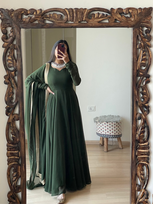 #MBA1331 Raima anarkali and dupatta-Mehendi green