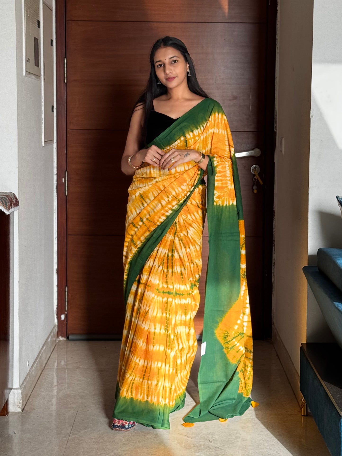 #MBA1974 Bengali cotton hand dyed saree- Yellow