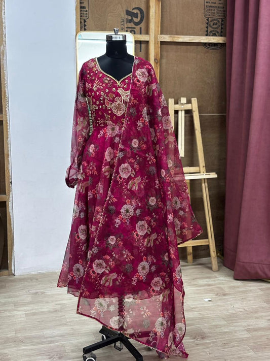 Hand embroidery organza anarkali and dupatta