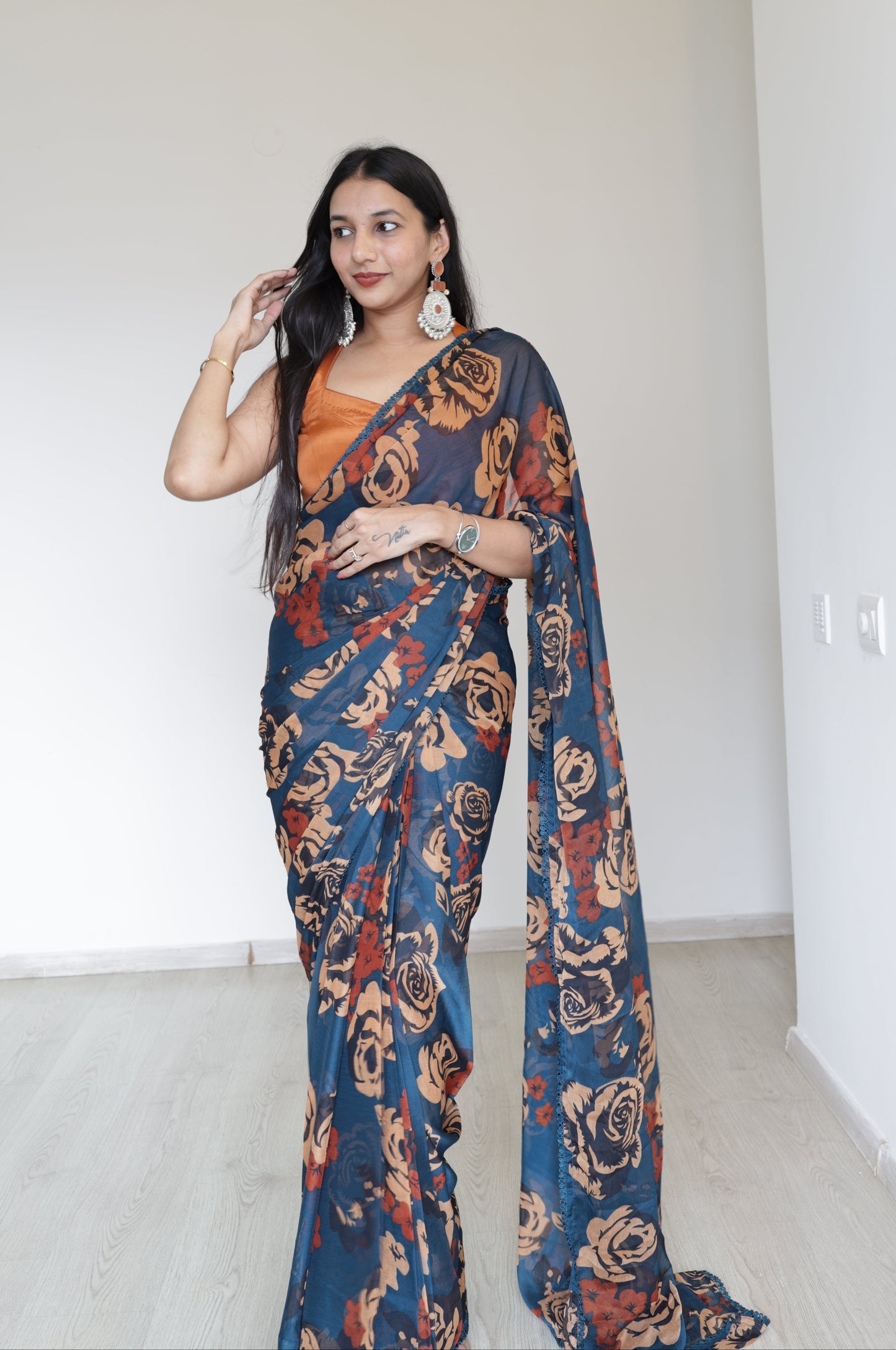 #MBA2139 Blue-rust floral 1 min saree and blouse