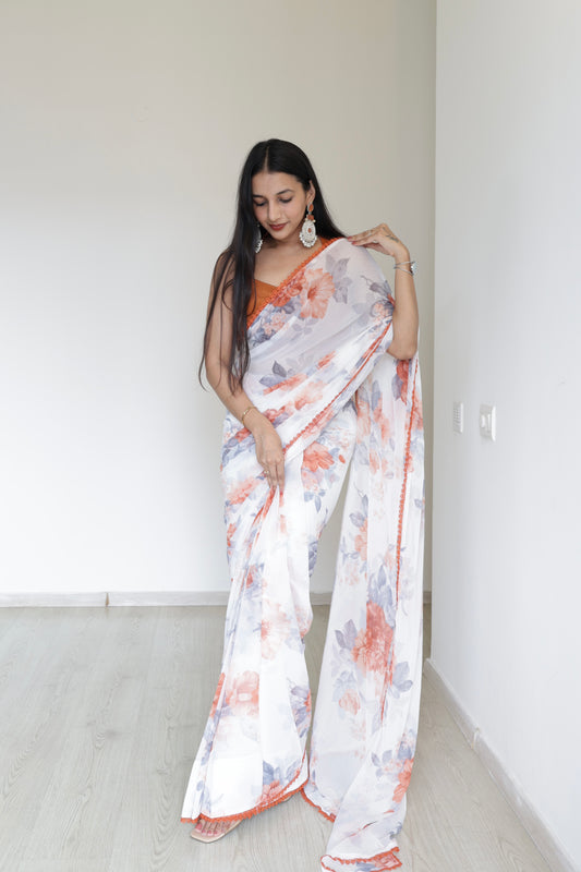 #MBA2138 White-rust floral 1 min saree and blouse