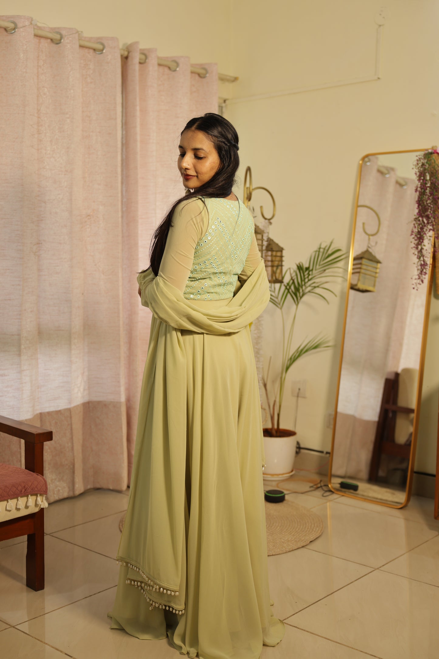 #MBA2143 Pistachio jacket anarkali dupatta set