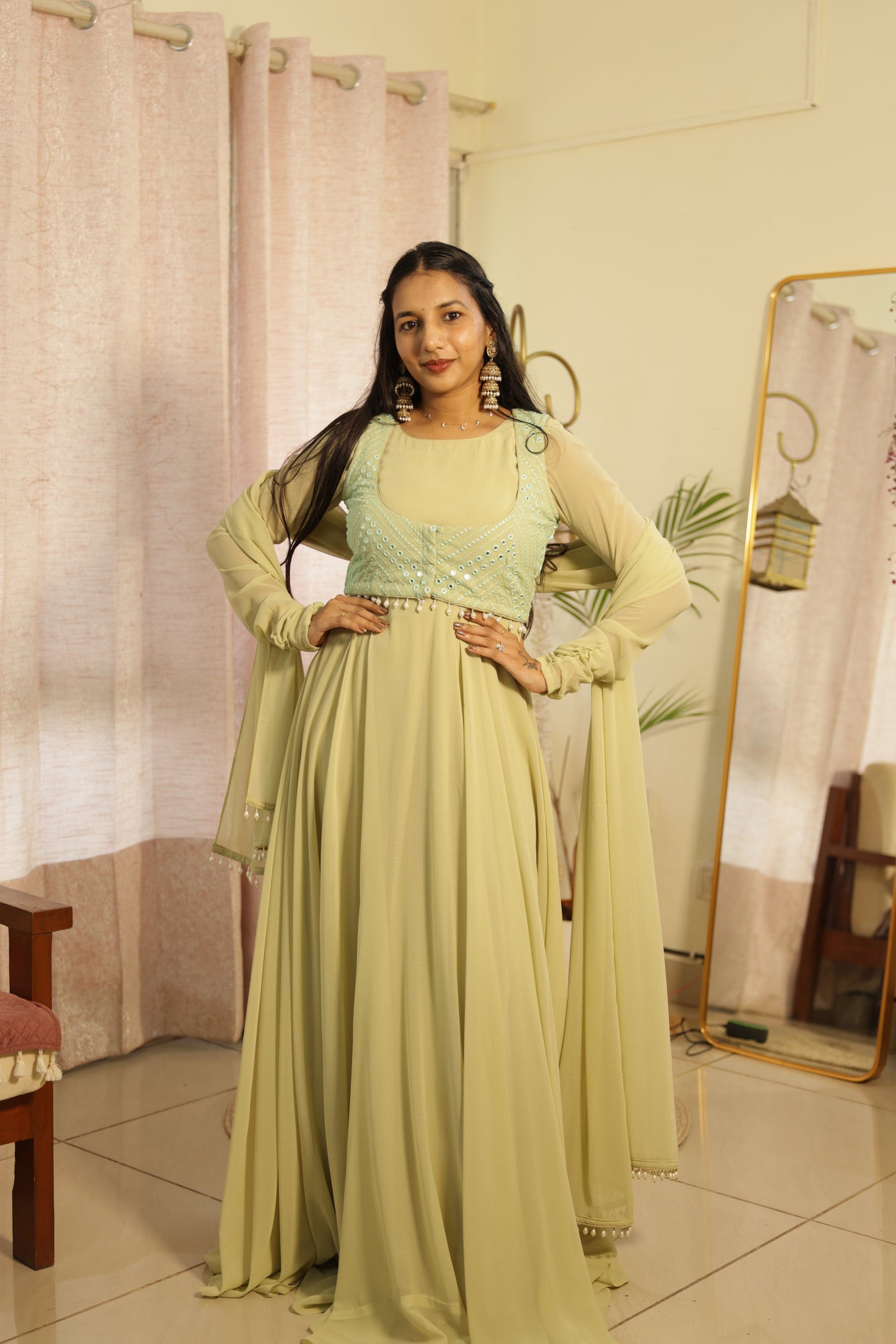 #MBA2143 Pistachio jacket anarkali dupatta set