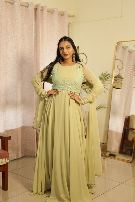#MBA2143 Pistachio jacket anarkali dupatta set