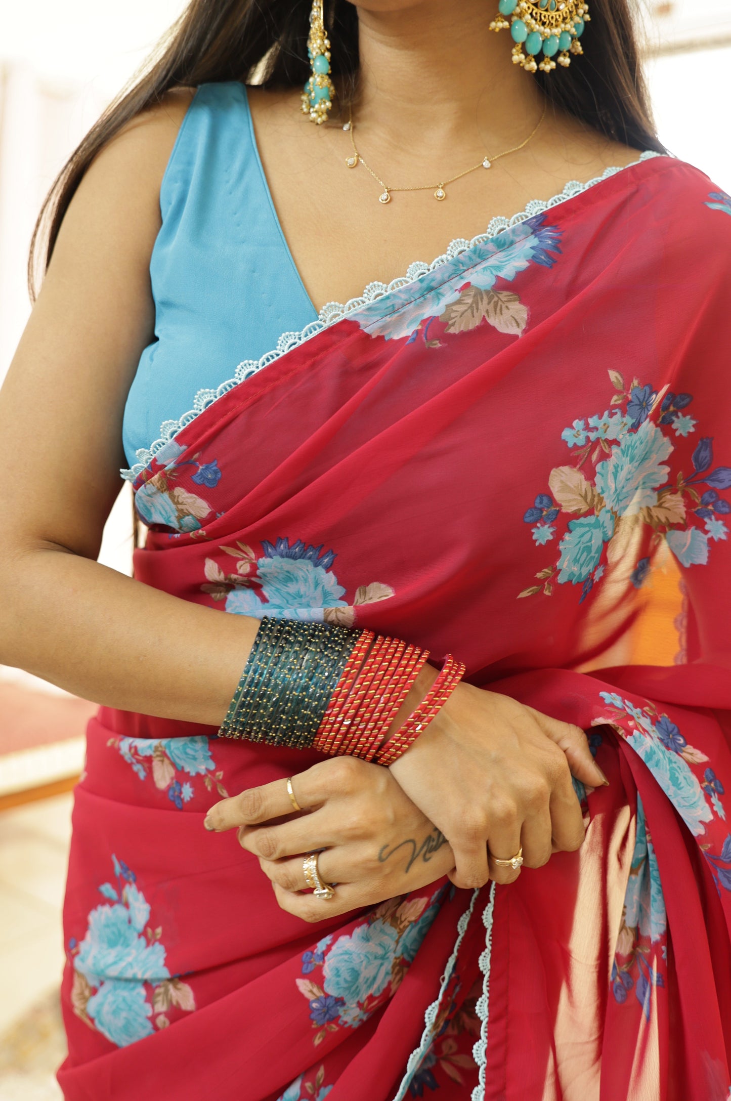 #MBA2142 Laal gulabi floral 1 min saree and blouse