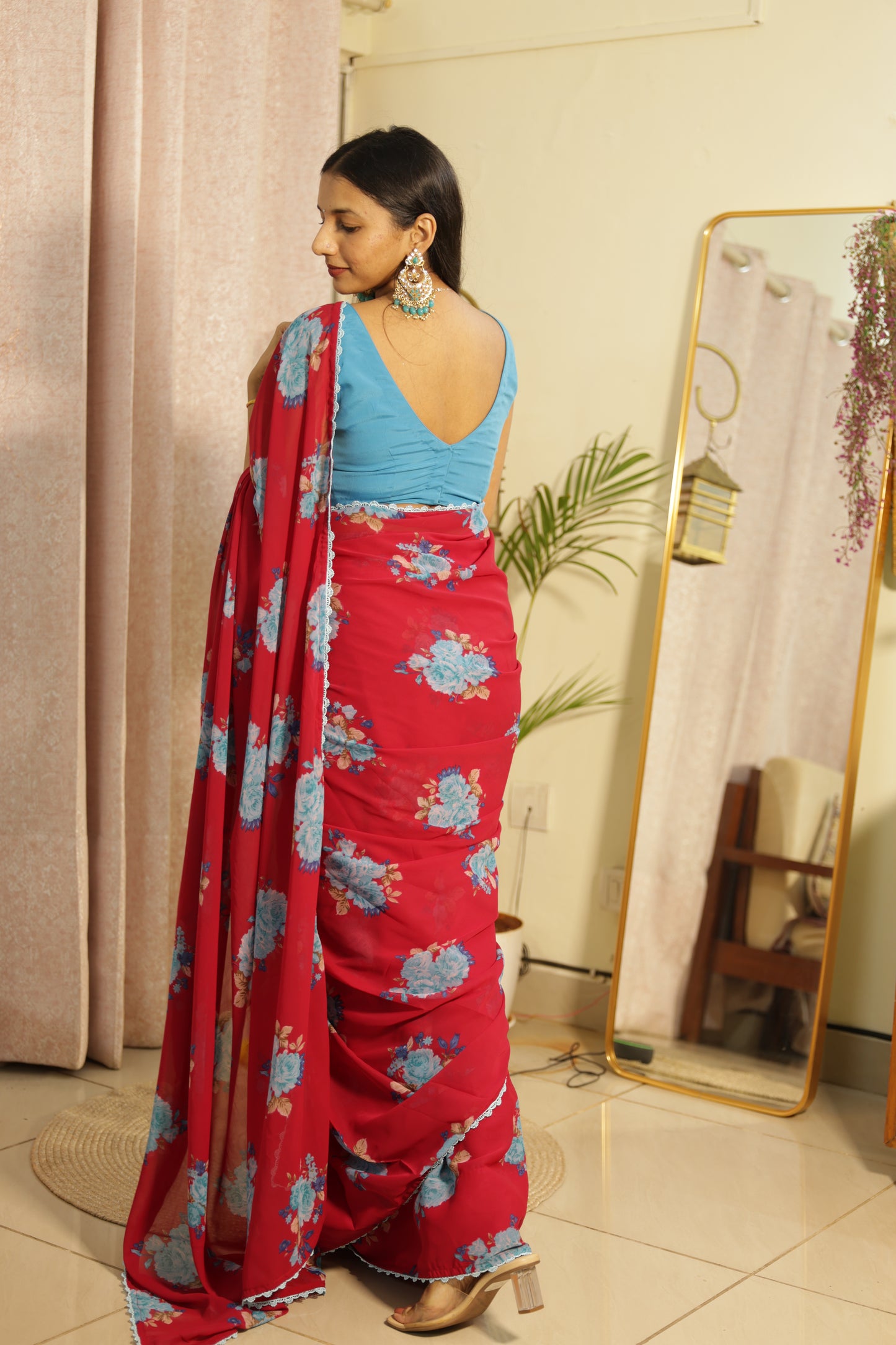 #MBA2142 Laal gulabi floral 1 min saree and blouse
