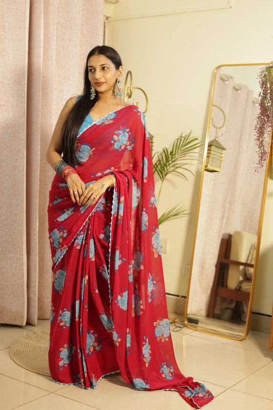 #MBA2142 Laal gulabi floral 1 min saree and blouse