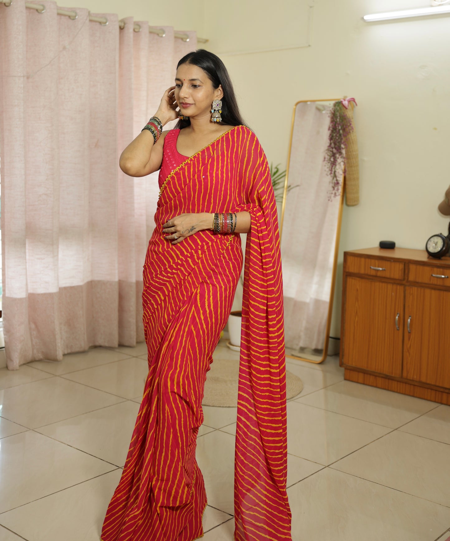 #MBA2146 Leheriya 1 min saree- Pink