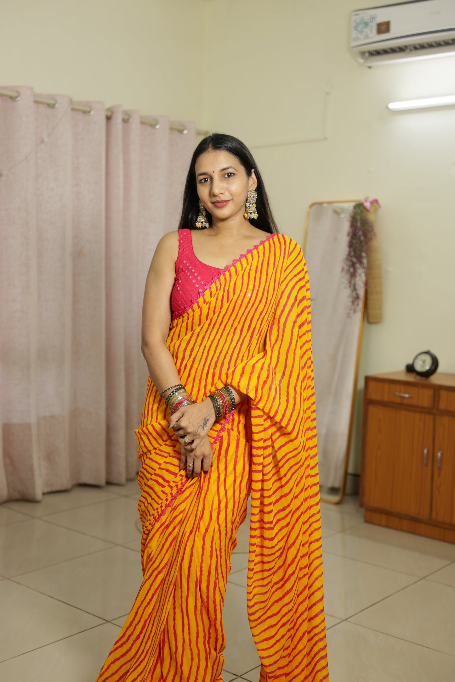 #MBA2145 Leheriya 1 min saree- Yellow