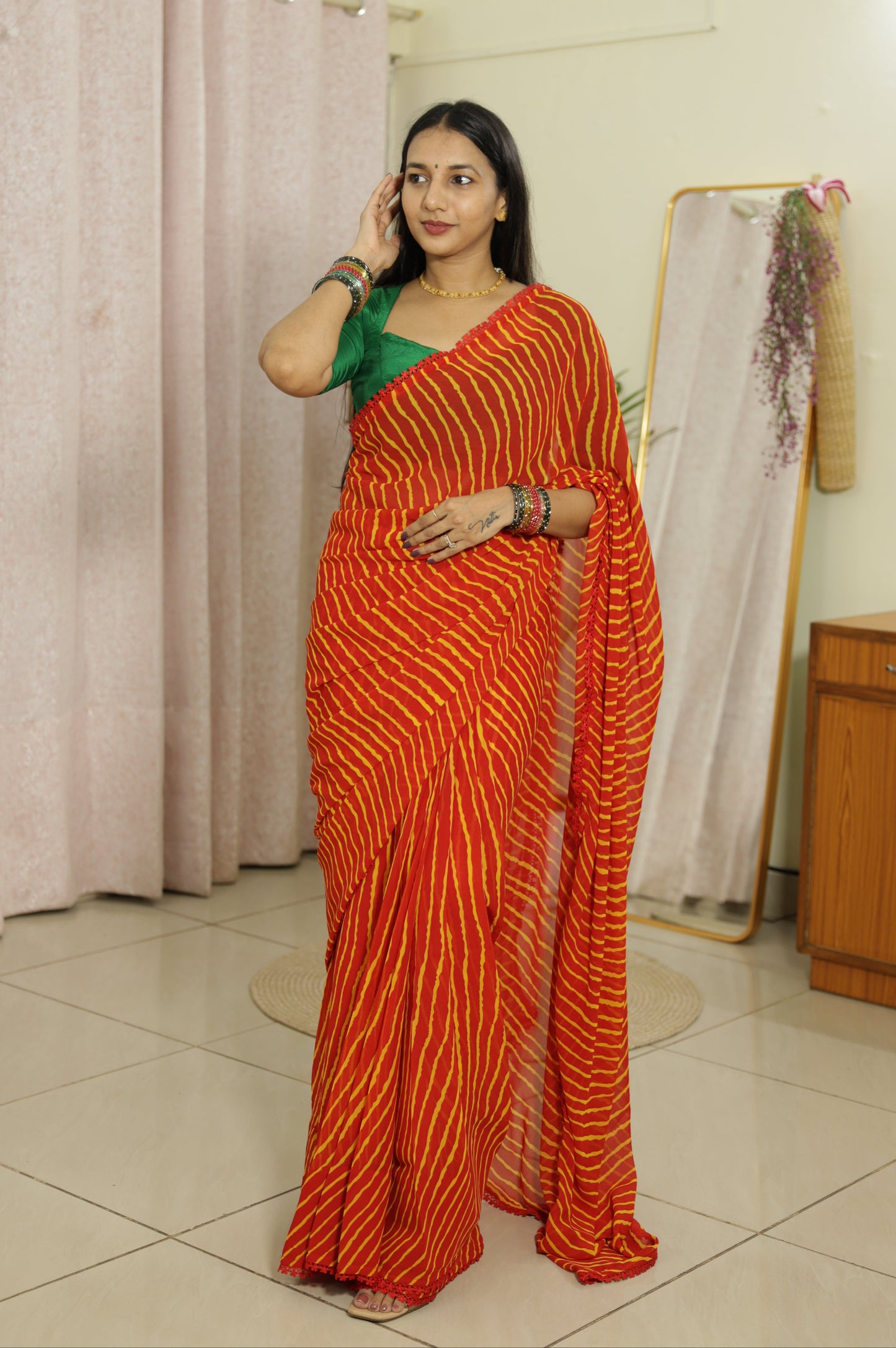 #MBA2144 Leheriya 1 min saree- Red