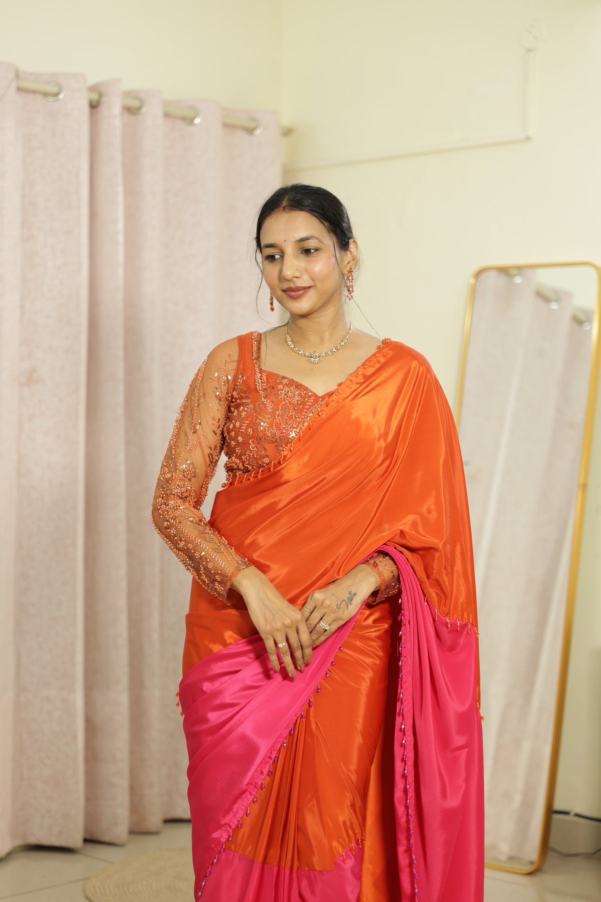 #MBA2160 Rangrez 1 min saree and blouse-Orange pink