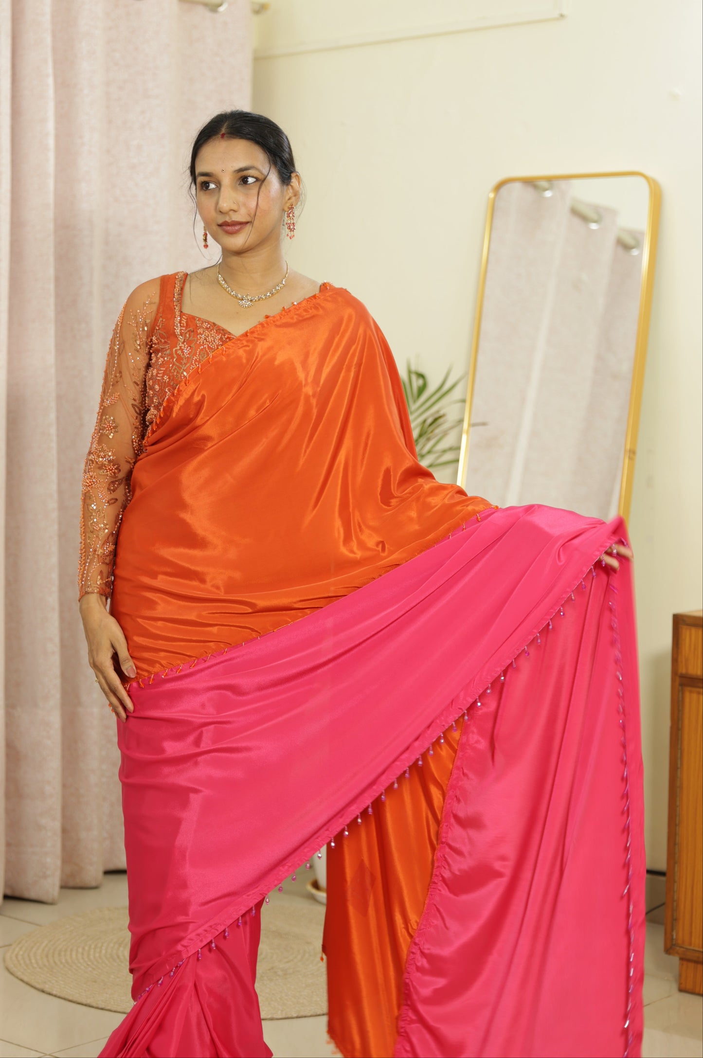 #MBA2160 Rangrez 1 min saree and blouse-Orange pink