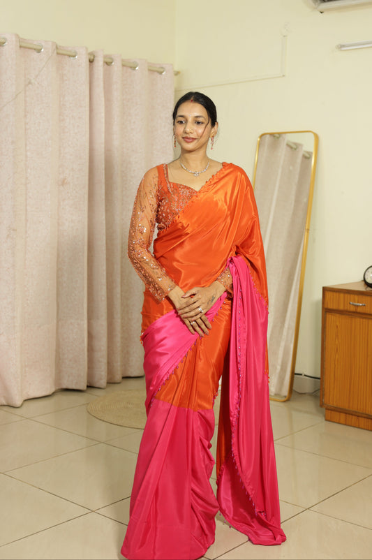 #MBA2160 Rangrez 1 min saree and blouse-Orange pink