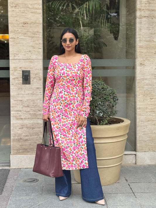 #MBA2070 White pink floral kurti