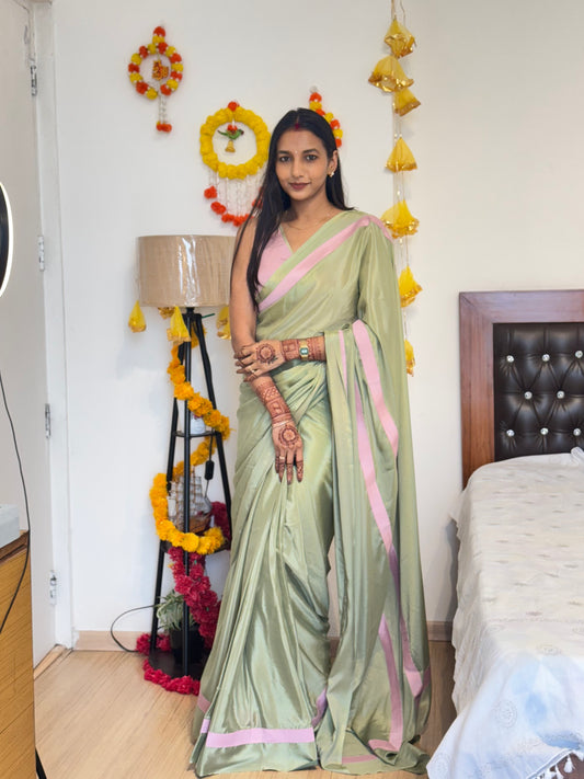 #MBA2033 Strawberry-matcha 1 min saree and blouse- Green
