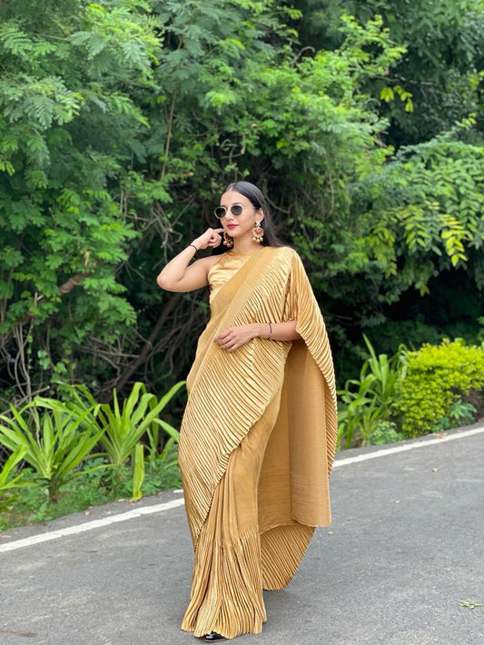 #MBA1987 Golden satin pleated 1 min saree and blouse