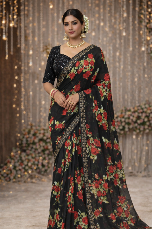 #MBA2096 Black rose 1 min saree and blouse
